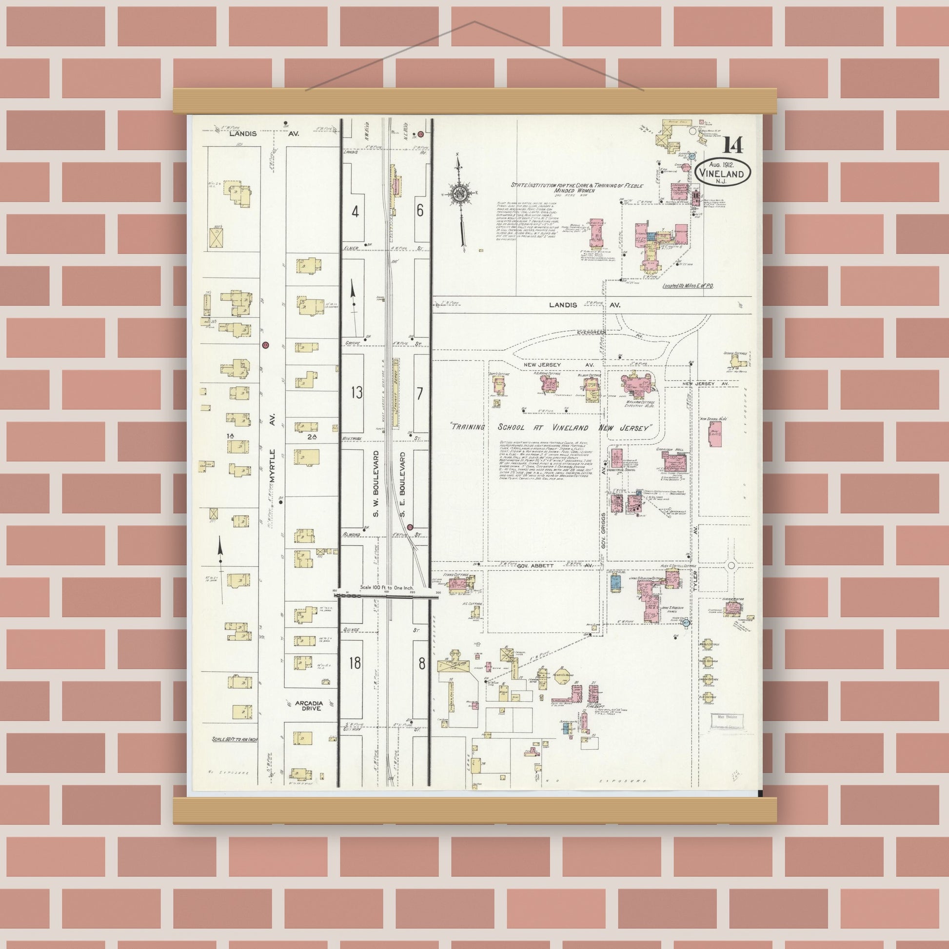 Old map wall art mockup — magnetic wood frame on brick wall — Sanborn Fire Insurance Map from Vineland, Cumberland County, New Jersey (1912), Sheet #0014
