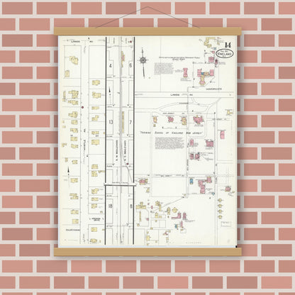 Old map wall art mockup — magnetic wood frame on brick wall — Sanborn Fire Insurance Map from Vineland, Cumberland County, New Jersey (1912), Sheet #0014