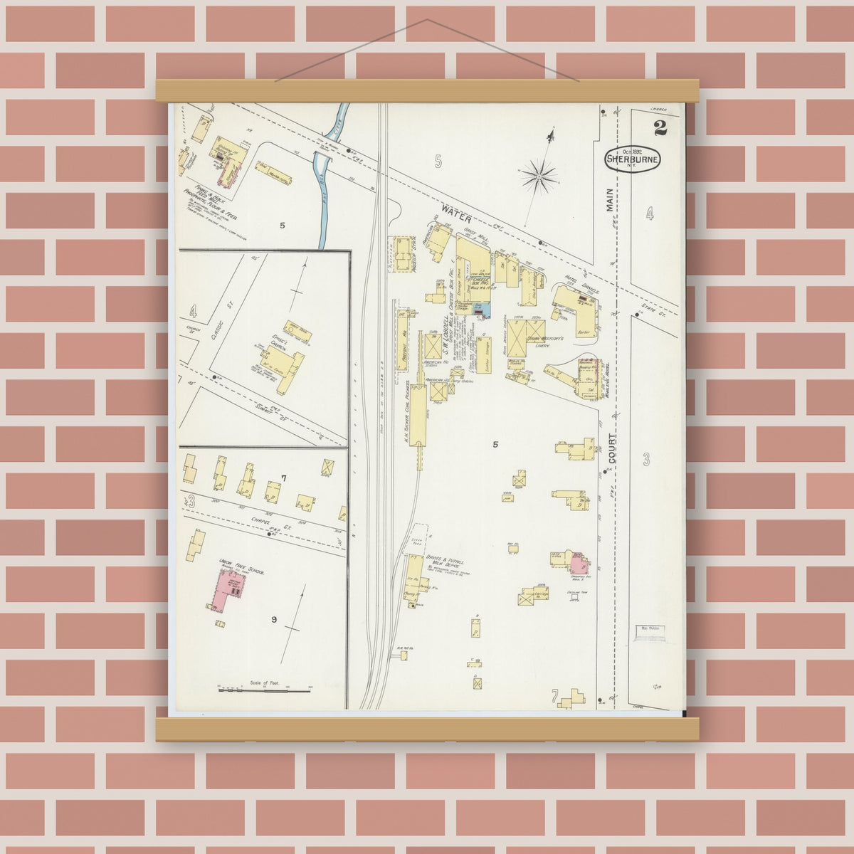 Old map wall art mockup — magnetic wood frame on brick wall — Sanborn Fire Insurance Map from Sherburne, Chenango County, New York (1892), Sheet #0002