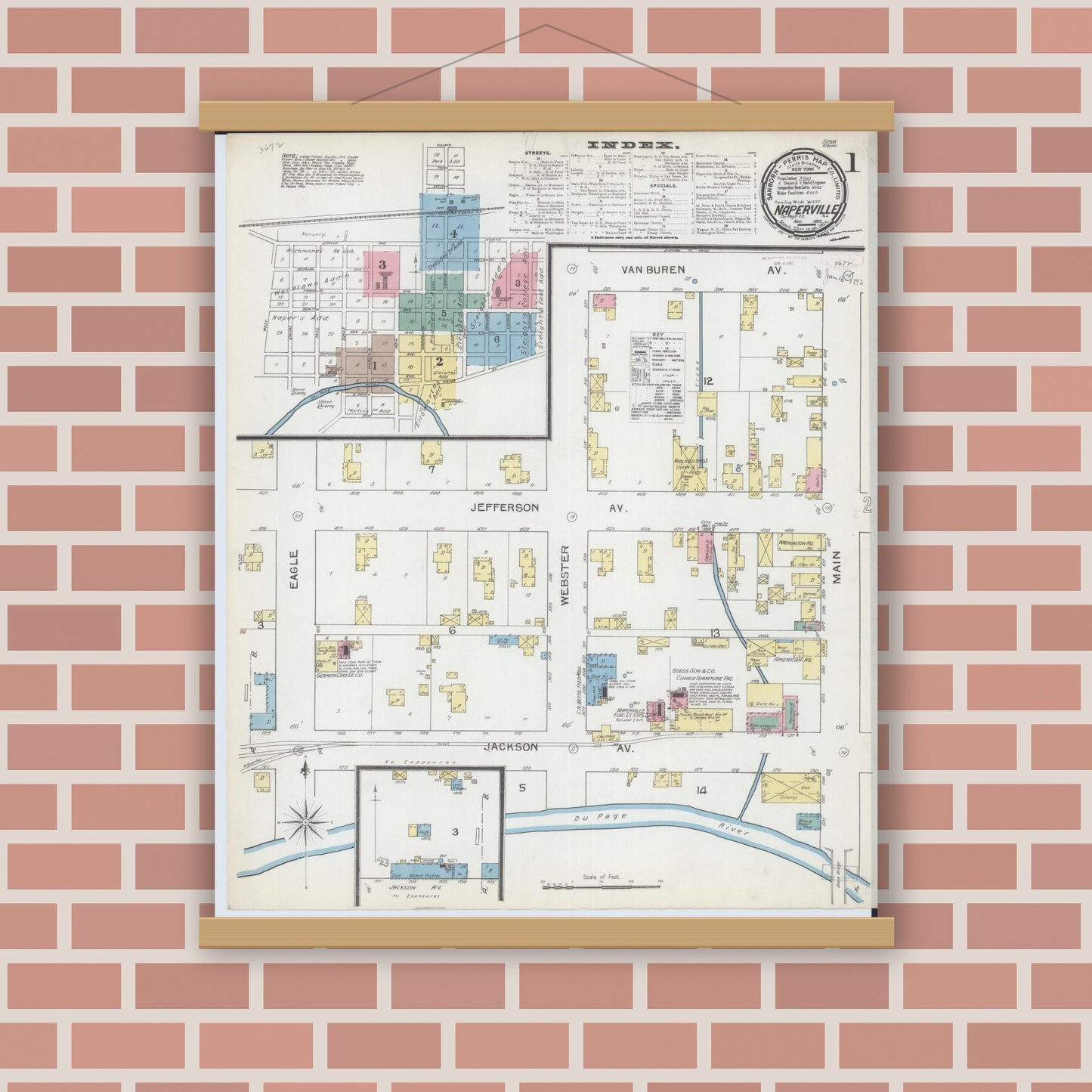 Old map wall art mockup — magnetic wood frame on brick wall — Sanborn Fire Insurance Map from Naperville, Du Page County, Illinois (1892) - Complete Map Set