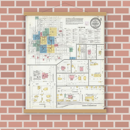 Old map wall art mockup — magnetic wood frame on brick wall — Sanborn Fire Insurance Map from Litchfield, Montgomery County, Illinois (1905) - Complete Map Set