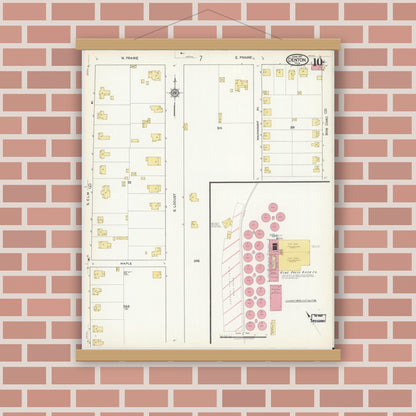 Old map wall art mockup — magnetic wood frame on brick wall — Sanborn Fire Insurance Map from Denton, Denton County, Texas (1917), Sheet #0010