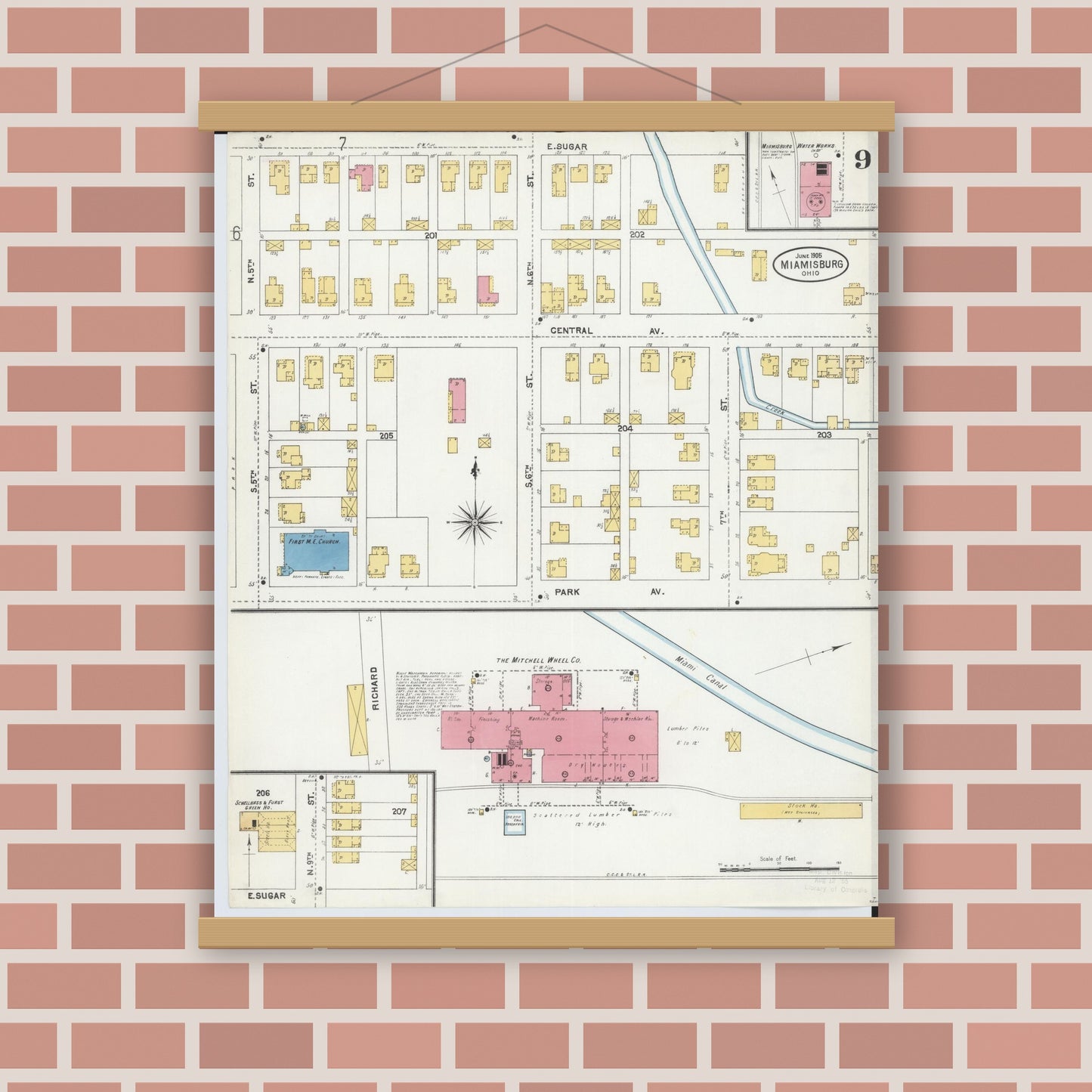 Old map wall art mockup — magnetic wood frame on brick wall — Sanborn Fire Insurance Map from Miamisburg, Montgomery County, Ohio (1905), Sheet #0009