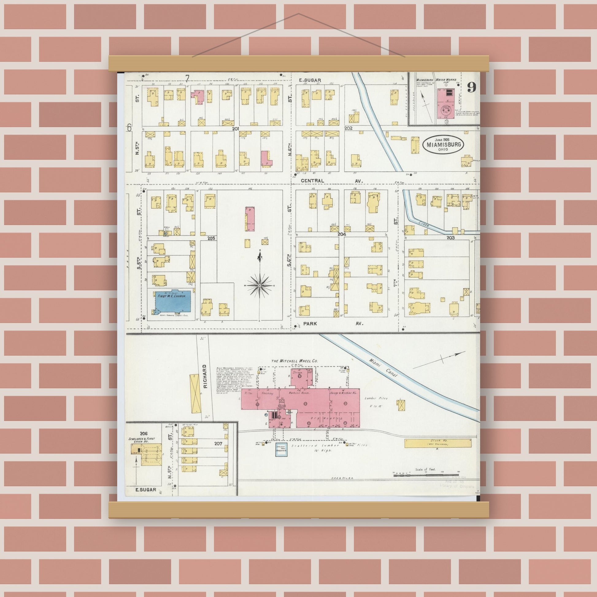 Old map wall art mockup — magnetic wood frame on brick wall — Sanborn Fire Insurance Map from Miamisburg, Montgomery County, Ohio (1905), Sheet #0009