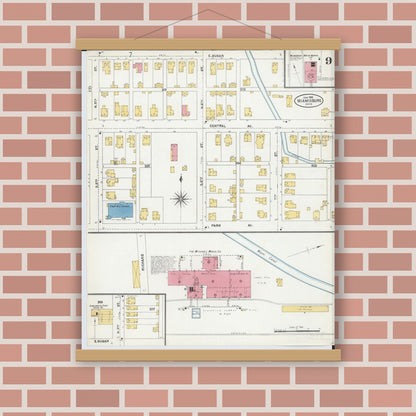 Old map wall art mockup — magnetic wood frame on brick wall — Sanborn Fire Insurance Map from Miamisburg, Montgomery County, Ohio (1905), Sheet #0009