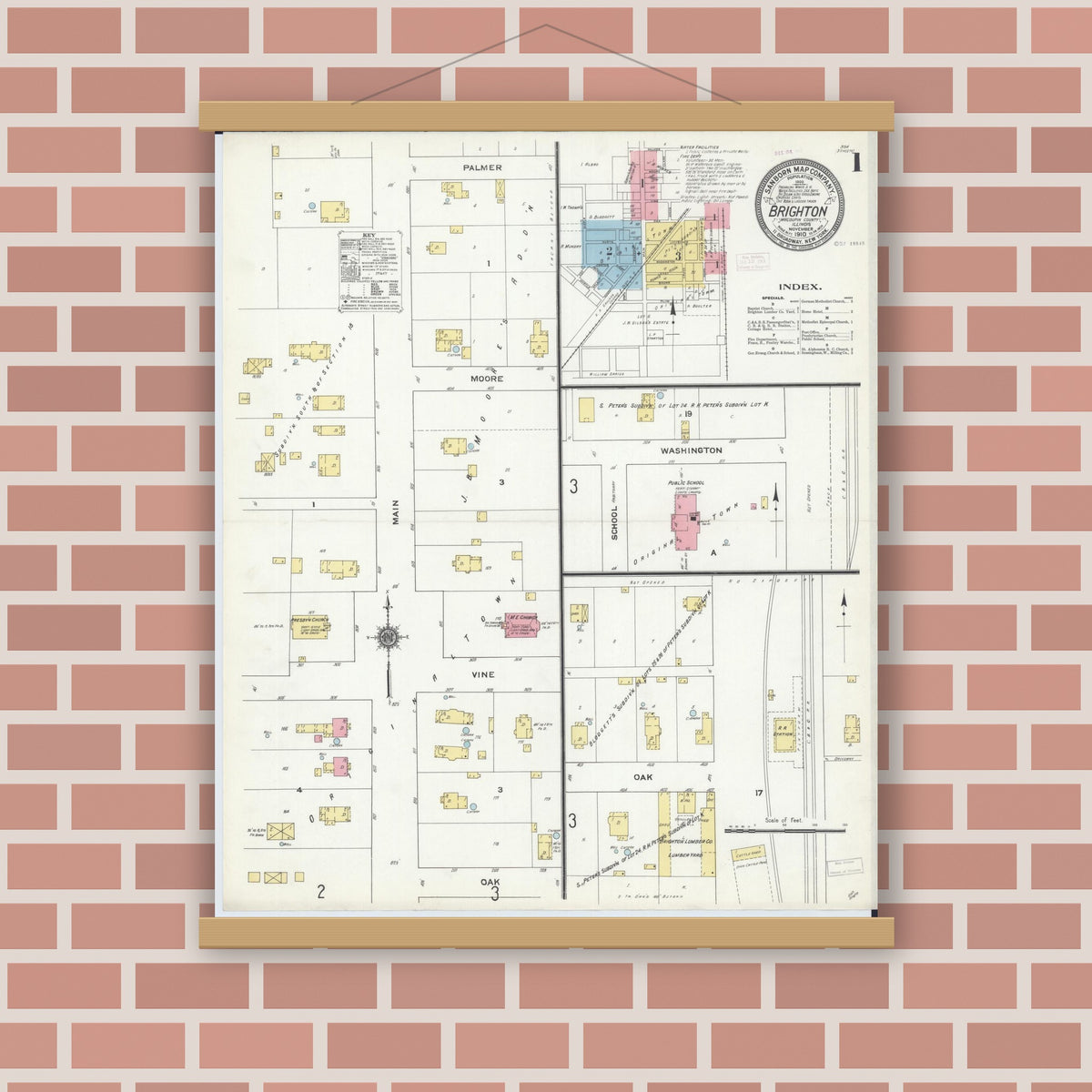 Old map wall art mockup — magnetic wood frame on brick wall — Sanborn Fire Insurance Map from Brighton, Macoupin County, Illinois (1910), Sheet #0001