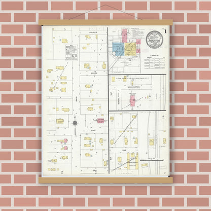 Old map wall art mockup — magnetic wood frame on brick wall — Sanborn Fire Insurance Map from Brighton, Macoupin County, Illinois (1910), Sheet #0001