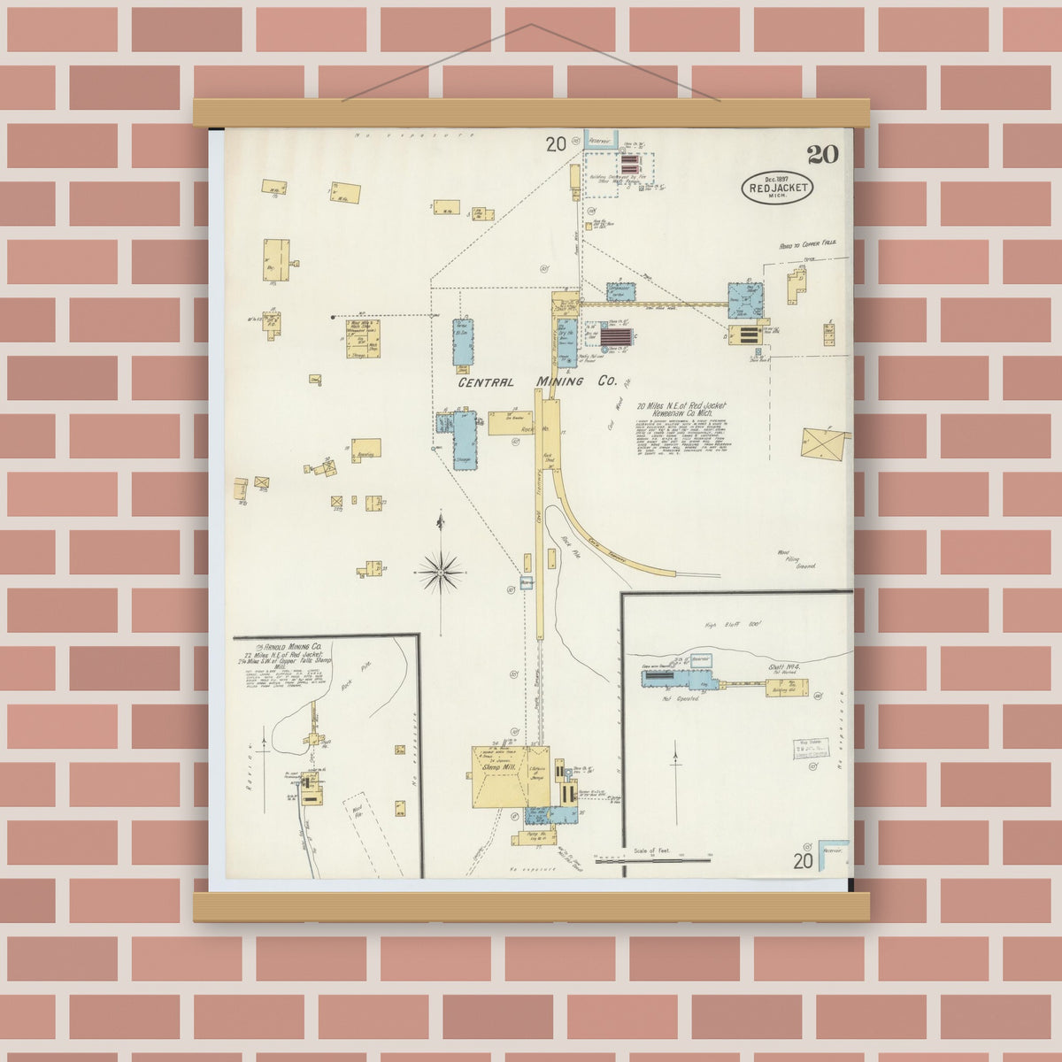 Old map wall art mockup — magnetic wood frame on brick wall — Sanborn Fire Insurance Map from Red Jacket, Houghton County, Michigan (1897), Sheet #0020