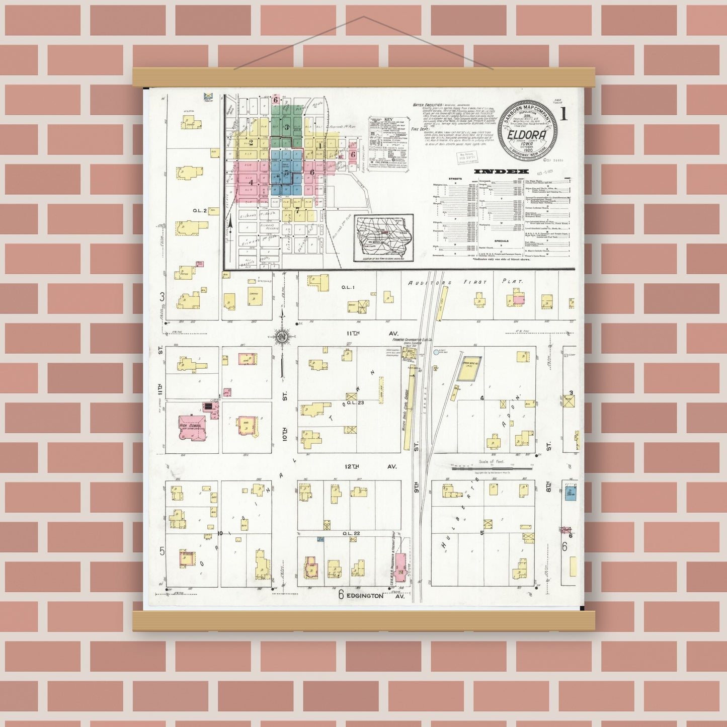 Old map wall art mockup — magnetic wood frame on brick wall — Sanborn Fire Insurance Map from Eldora, Hardin County, Iowa (1920) â€” Complete Set