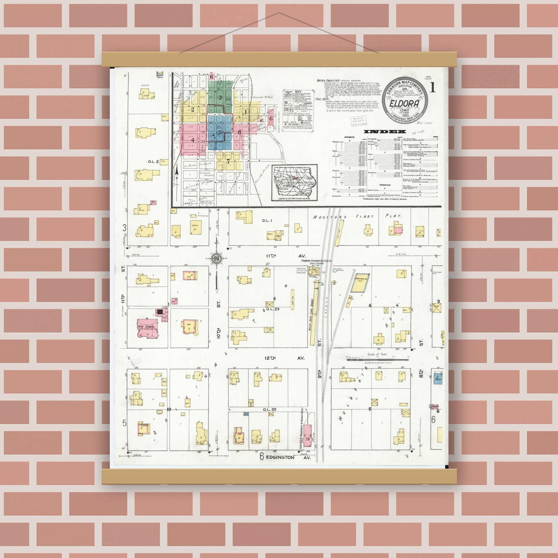 Old map wall art mockup — magnetic wood frame on brick wall — Sanborn Fire Insurance Map from Eldora, Hardin County, Iowa (1920) â€” Complete Set