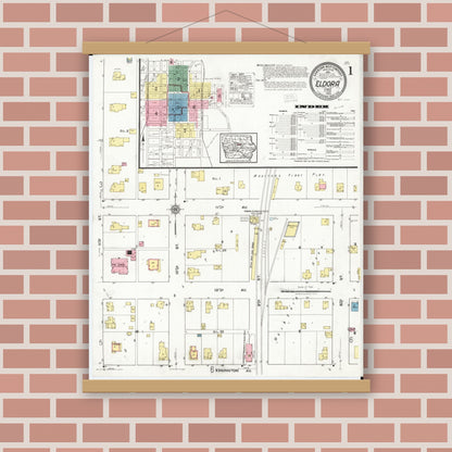 Old map wall art mockup — magnetic wood frame on brick wall — Sanborn Fire Insurance Map from Eldora, Hardin County, Iowa (1920) â€” Complete Set