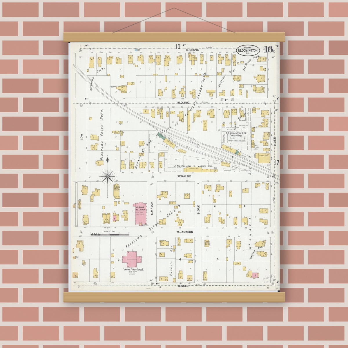 Old map wall art mockup — magnetic wood frame on brick wall — Sanborn Fire Insurance Map from Bloomington, McLean County, Illinois (1901), Sheet #0016
