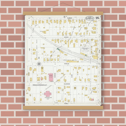 Old map wall art mockup — magnetic wood frame on brick wall — Sanborn Fire Insurance Map from Bloomington, McLean County, Illinois (1901), Sheet #0016