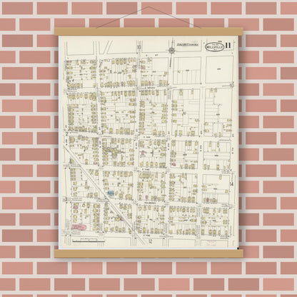 Old map wall art mockup — magnetic wood frame on brick wall — Sanborn Fire Insurance Map from Millville, Cumberland County, New Jersey (1915), Sheet #0011