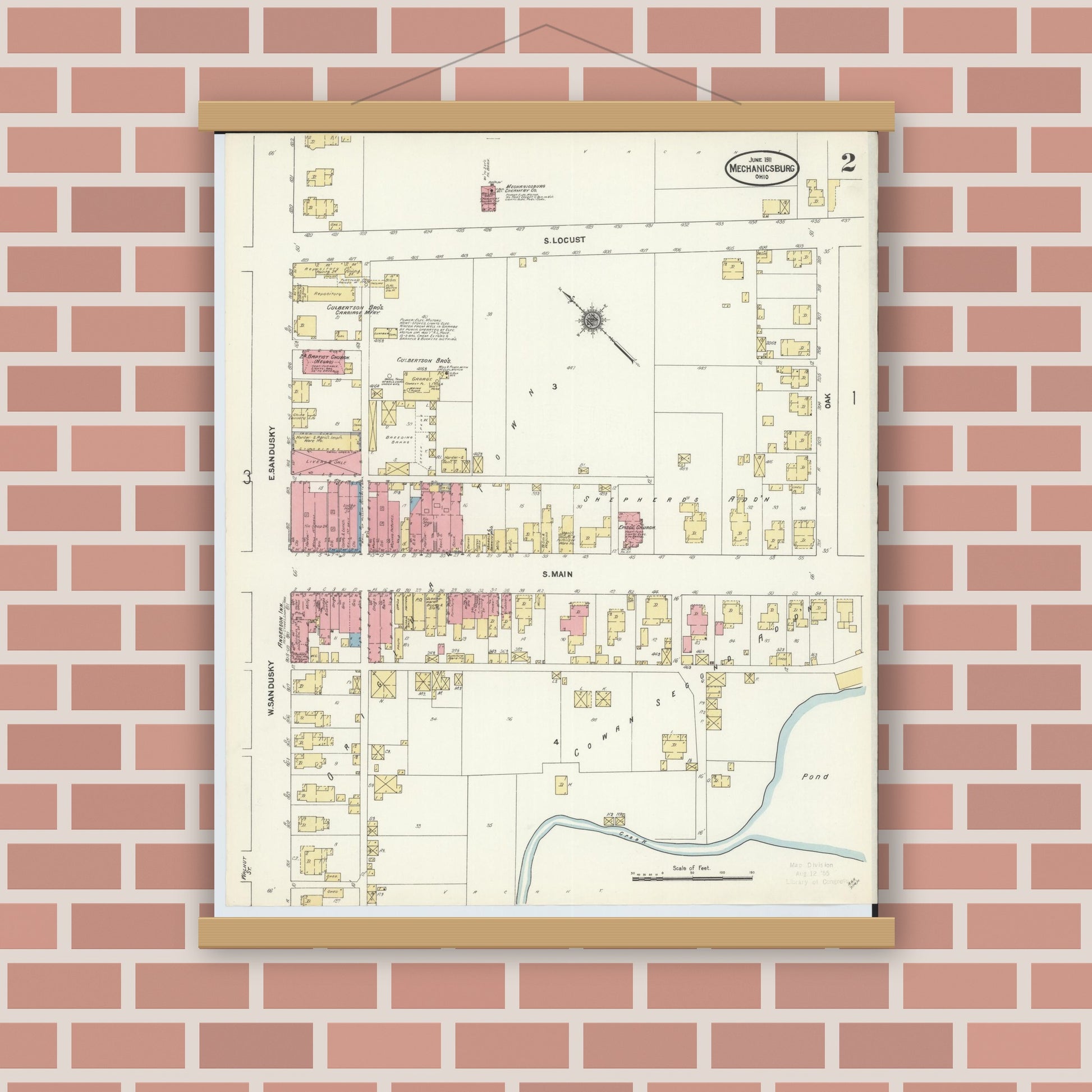 Old map wall art mockup — magnetic wood frame on brick wall — Sanborn Fire Insurance Map from Mechanicsburg, Champaign County, Ohio (1911), Sheet #0002