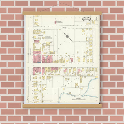 Old map wall art mockup — magnetic wood frame on brick wall — Sanborn Fire Insurance Map from Mechanicsburg, Champaign County, Ohio (1911), Sheet #0002