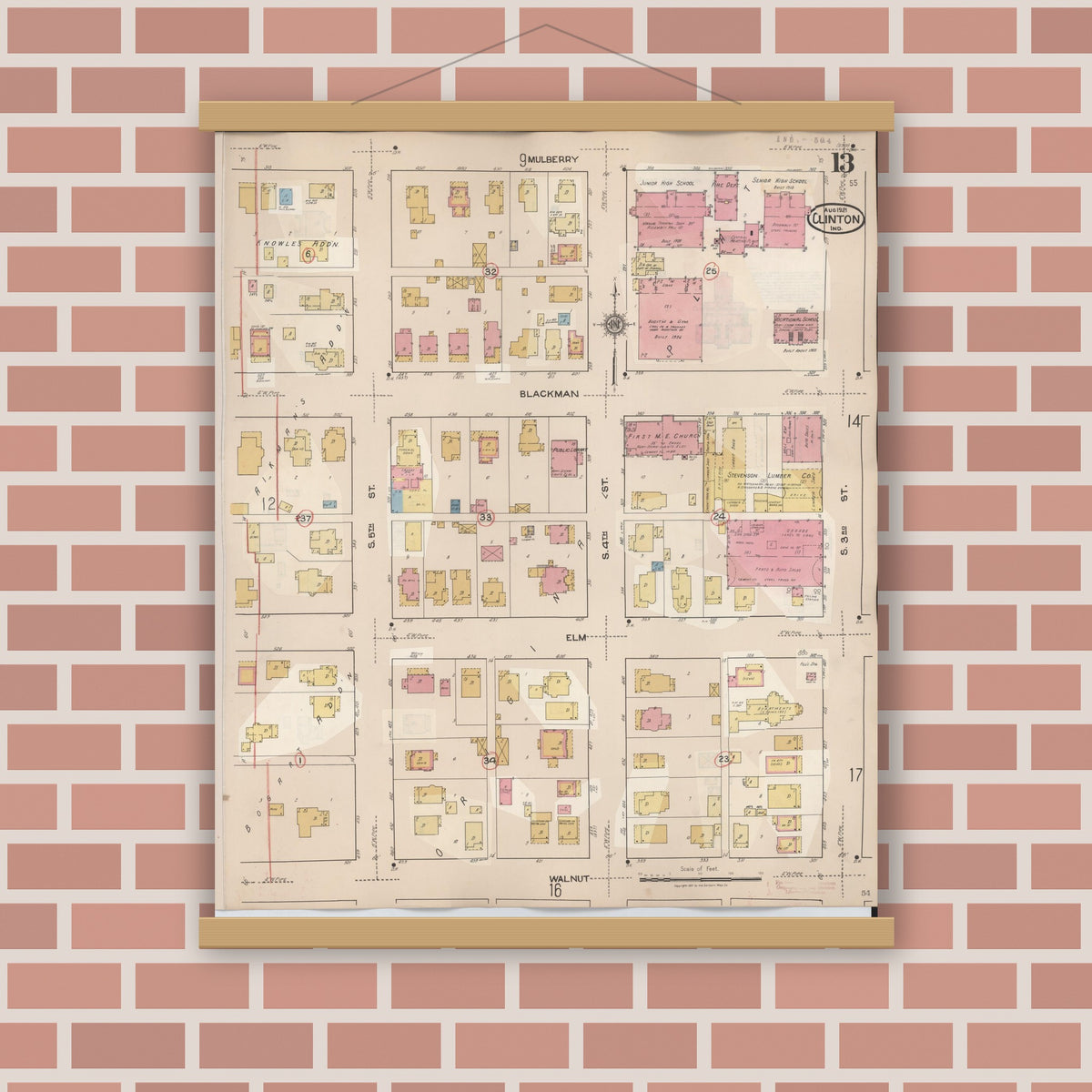Old map wall art mockup — magnetic wood frame on brick wall — Sanborn Fire Insurance Map from Clinton, Vermillion County, Indiana (1947), Sheet #0013