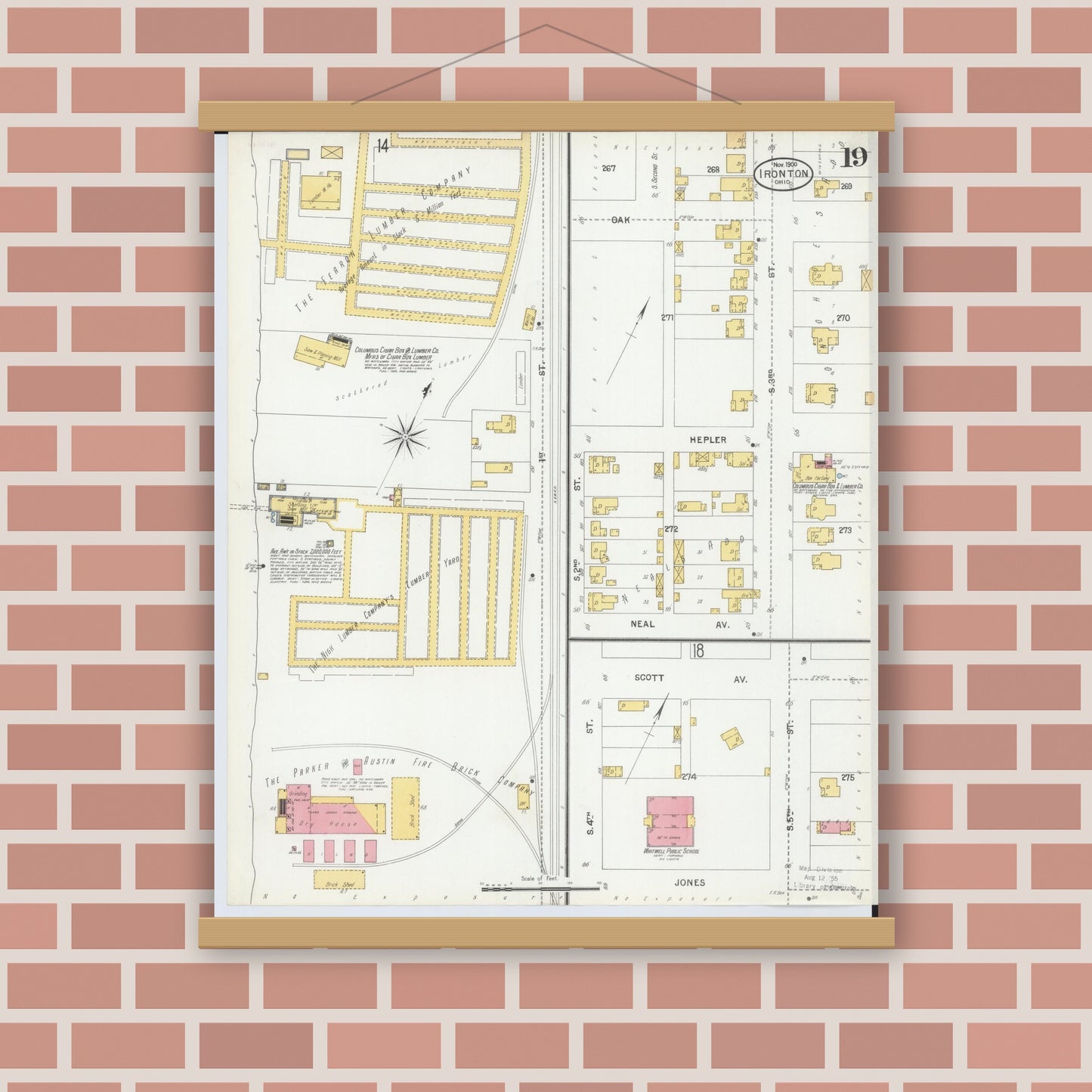 Old map wall art mockup — magnetic wood frame on brick wall — Sanborn Fire Insurance Map from Ironton, Lawrence County, Ohio (1900), Sheet #0019