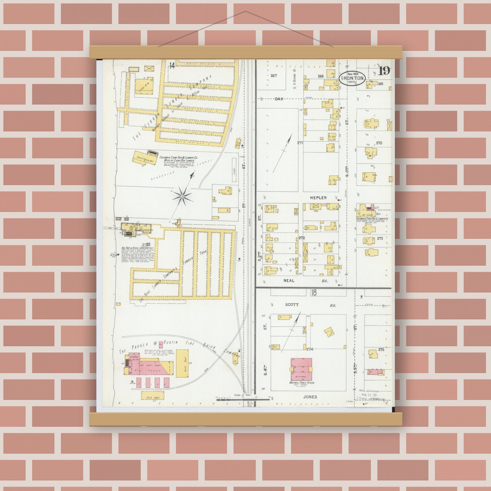 Old map wall art mockup — magnetic wood frame on brick wall — Sanborn Fire Insurance Map from Ironton, Lawrence County, Ohio (1900), Sheet #0019