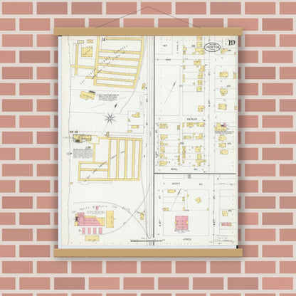 Old map wall art mockup — magnetic wood frame on brick wall — Sanborn Fire Insurance Map from Ironton, Lawrence County, Ohio (1900), Sheet #0019
