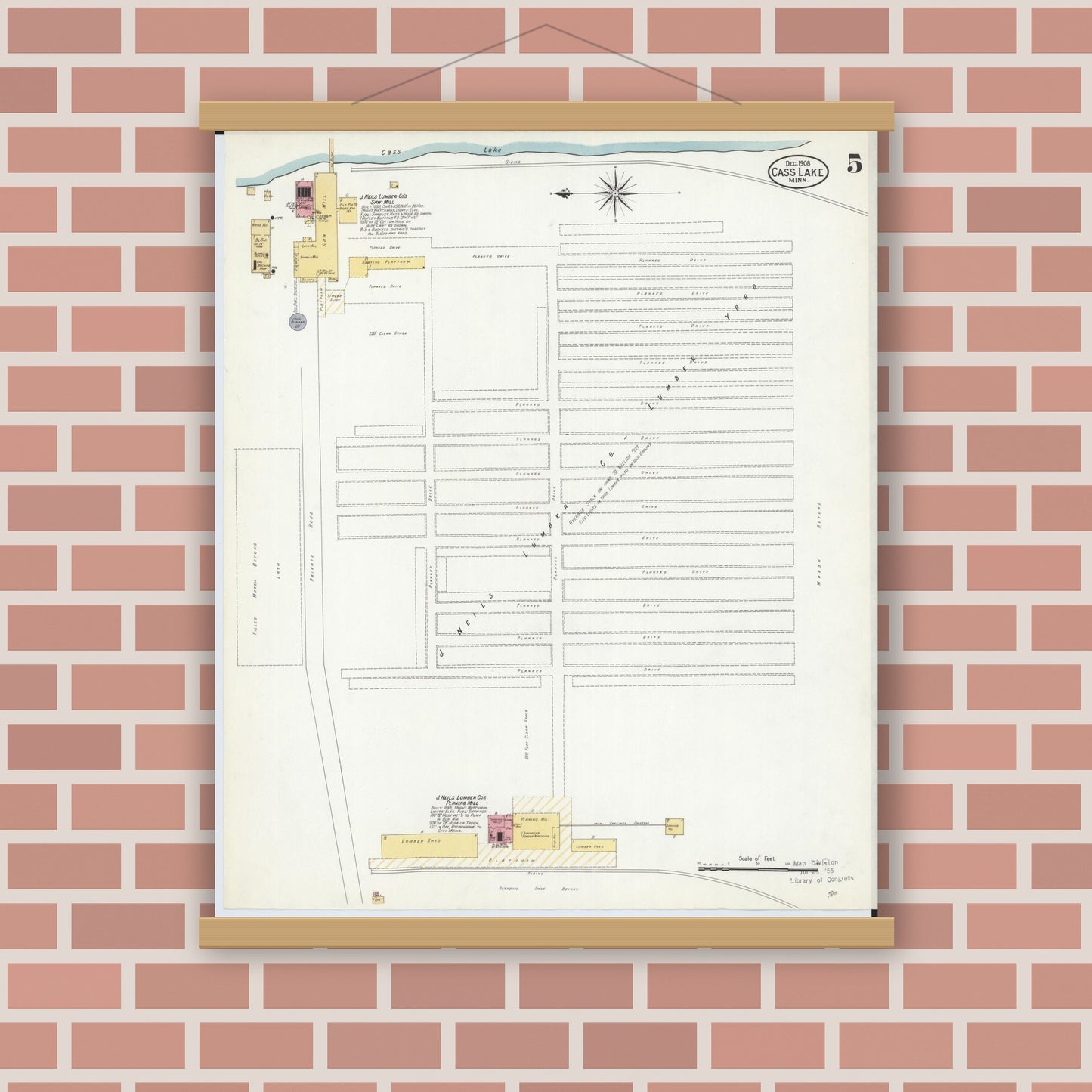 Old map wall art mockup — magnetic wood frame on brick wall — Sanborn Fire Insurance Map from Cass Lake, Cass County, Minnesota (1908), Sheet #0005
