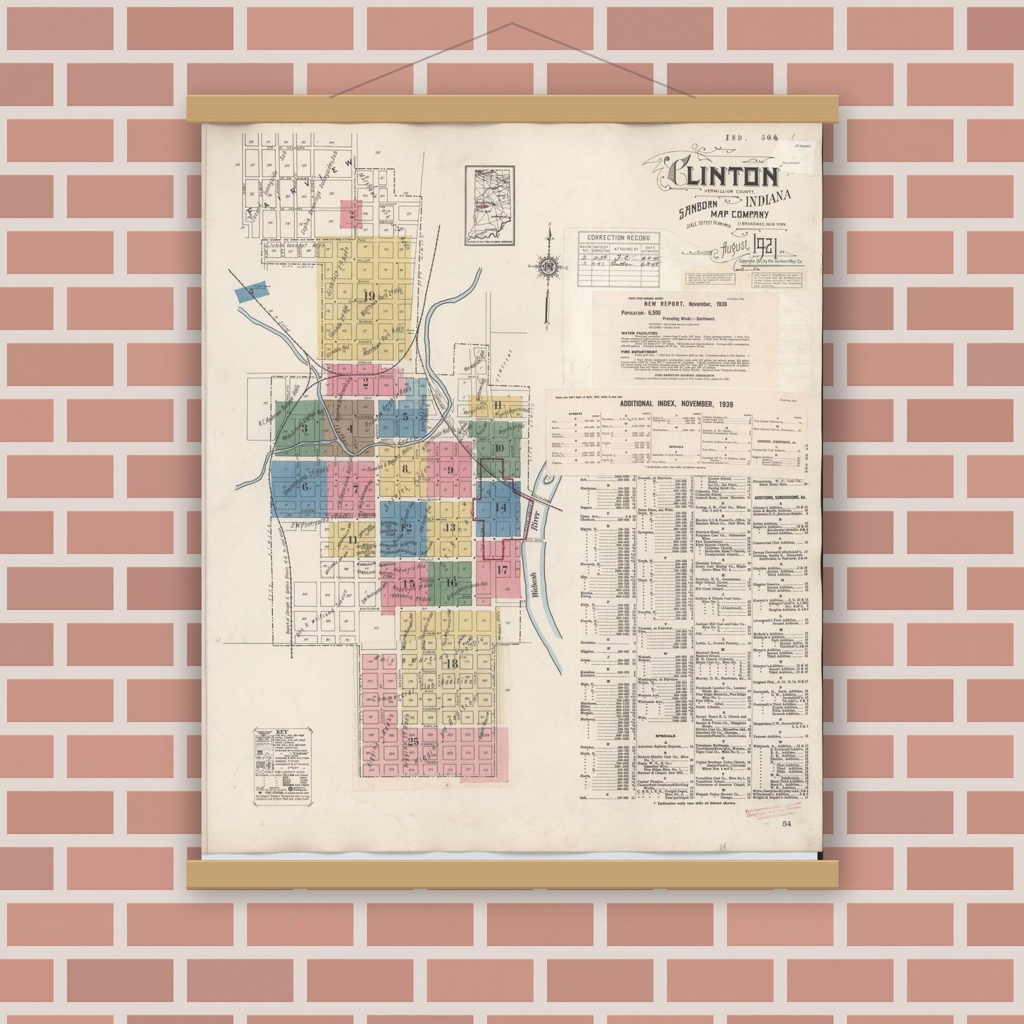 Old map wall art mockup — magnetic wood frame on brick wall — Sanborn Fire Insurance Map from Clinton, Vermillion County, Indiana (1947), Sheet #0001