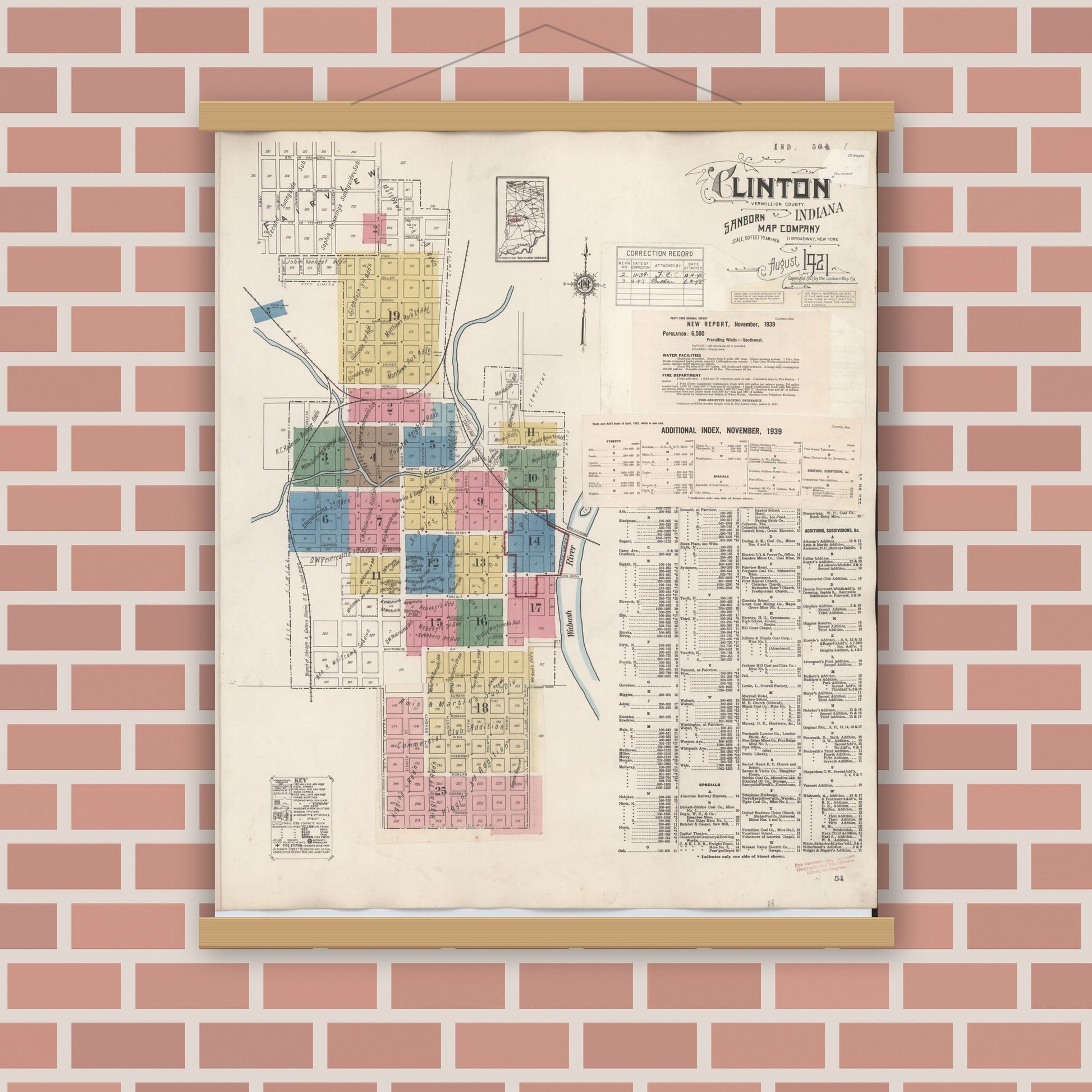Old map wall art mockup — magnetic wood frame on brick wall — Sanborn Fire Insurance Map from Clinton, Vermillion County, Indiana (1947), Sheet #0001