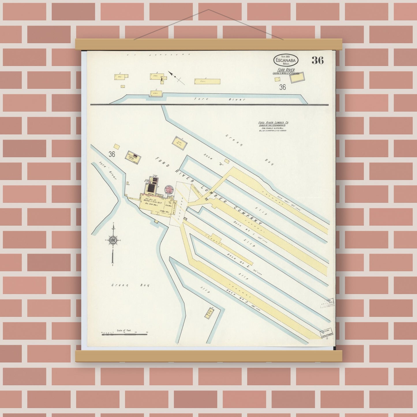 Old map wall art mockup — magnetic wood frame on brick wall — Sanborn Fire Insurance Map from Escanaba, Delta County, Michigan (1913), Sheet #0036