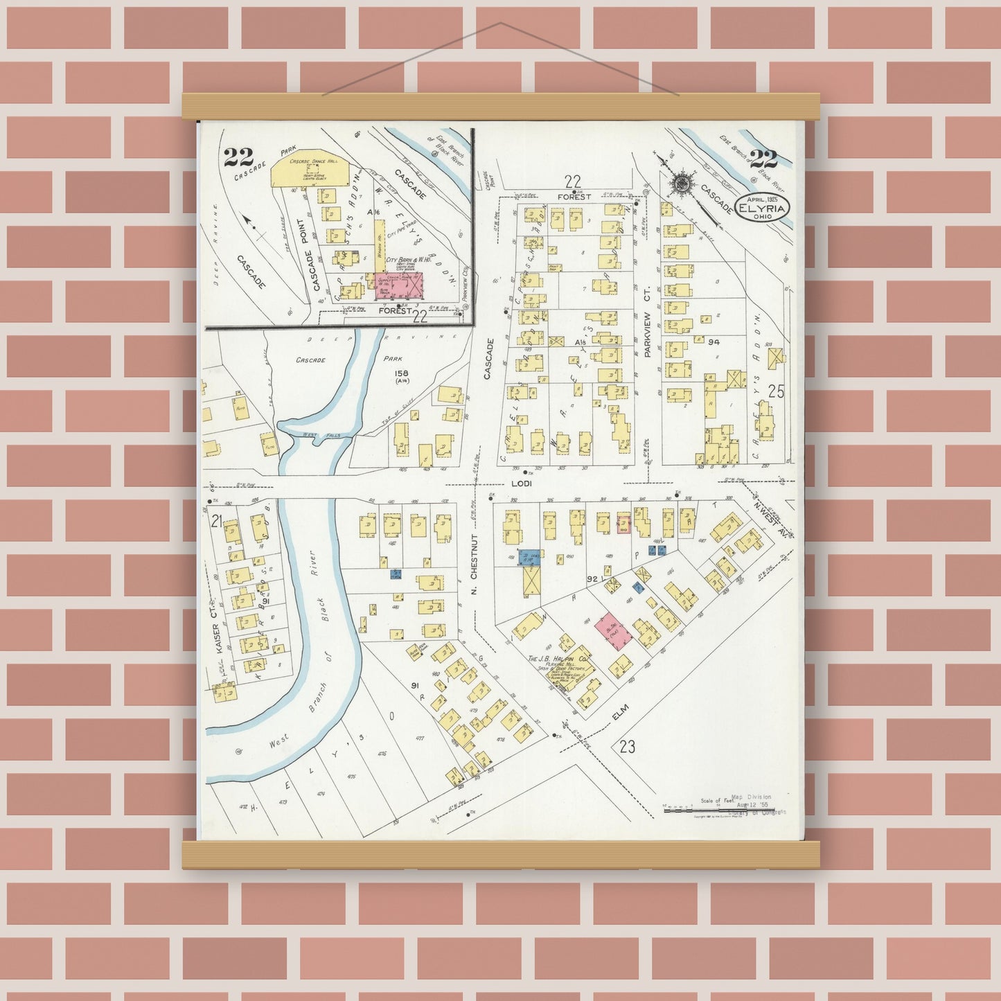Old map wall art mockup — magnetic wood frame on brick wall — Sanborn Fire Insurance Map from Elyria, Lorain County, Ohio (1925), Sheet #0022