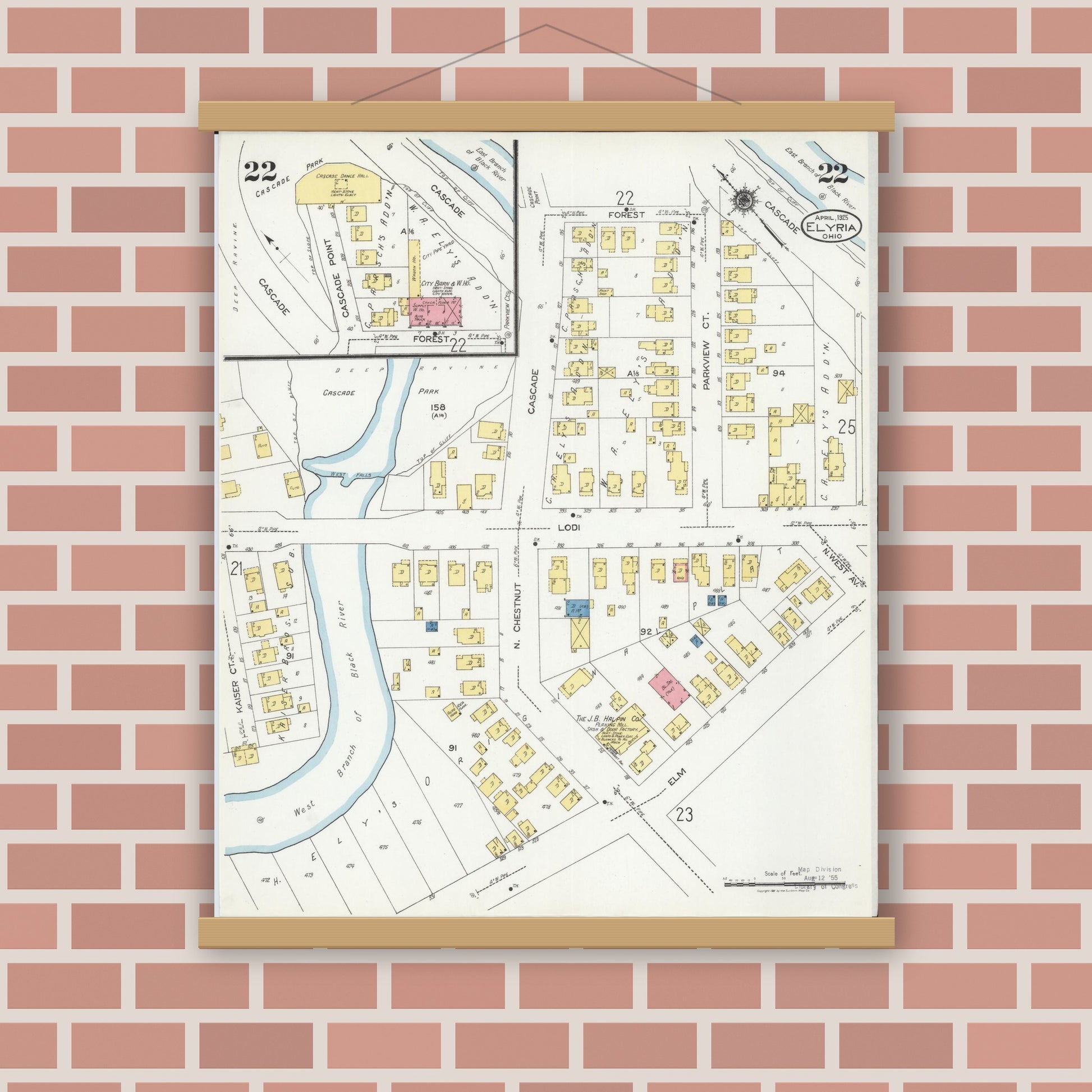 Old map wall art mockup — magnetic wood frame on brick wall — Sanborn Fire Insurance Map from Elyria, Lorain County, Ohio (1925), Sheet #0022