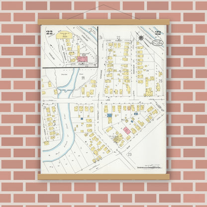 Old map wall art mockup — magnetic wood frame on brick wall — Sanborn Fire Insurance Map from Elyria, Lorain County, Ohio (1925), Sheet #0022