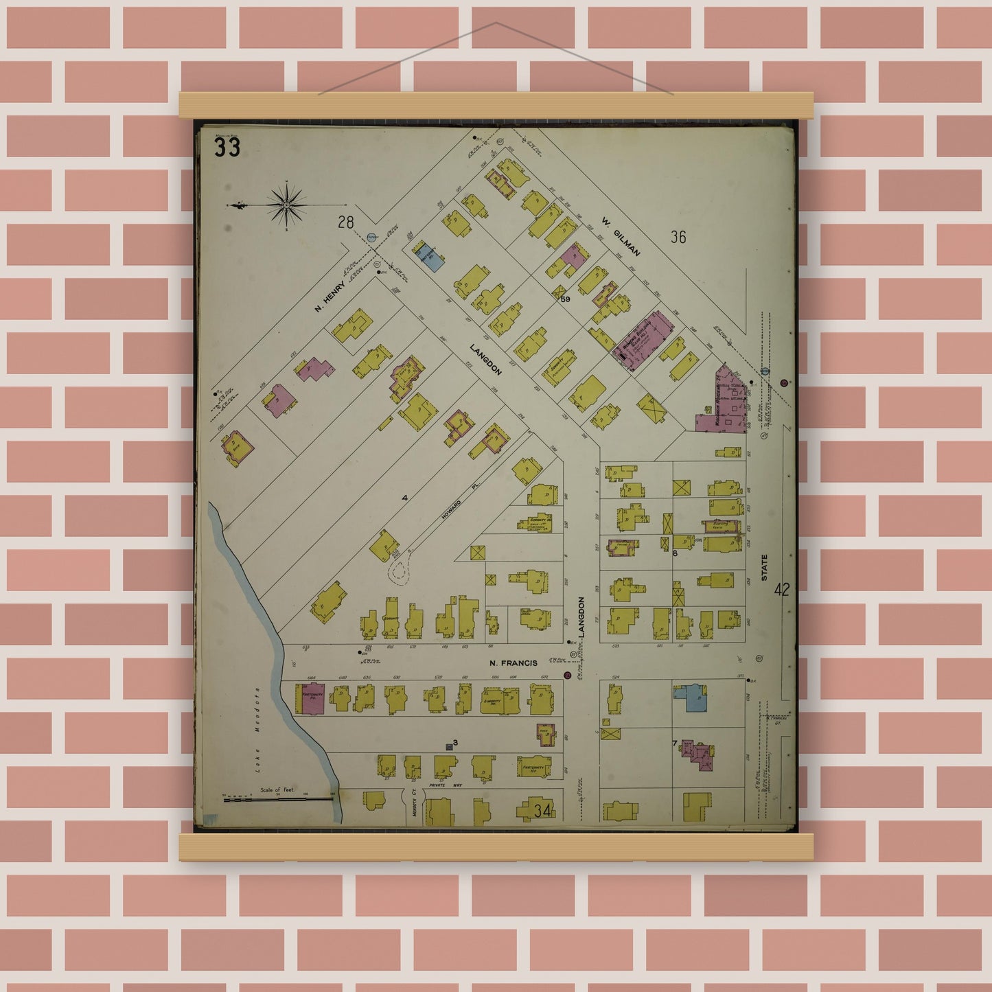 Old map wall art mockup — magnetic wood frame on brick wall — Sanborn Fire Insurance Map from Madison, Dane County, Wisconsin (1908), Sheet #0033