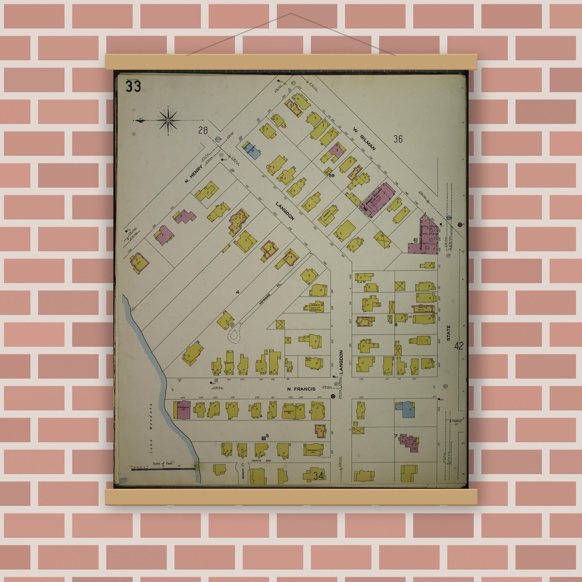 Old map wall art mockup — magnetic wood frame on brick wall — Sanborn Fire Insurance Map from Madison, Dane County, Wisconsin (1908), Sheet #0033
