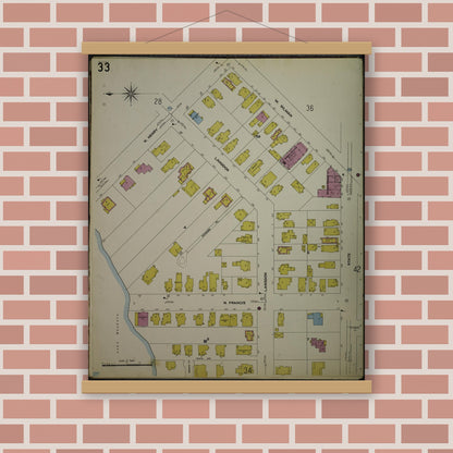 Old map wall art mockup — magnetic wood frame on brick wall — Sanborn Fire Insurance Map from Madison, Dane County, Wisconsin (1908), Sheet #0033