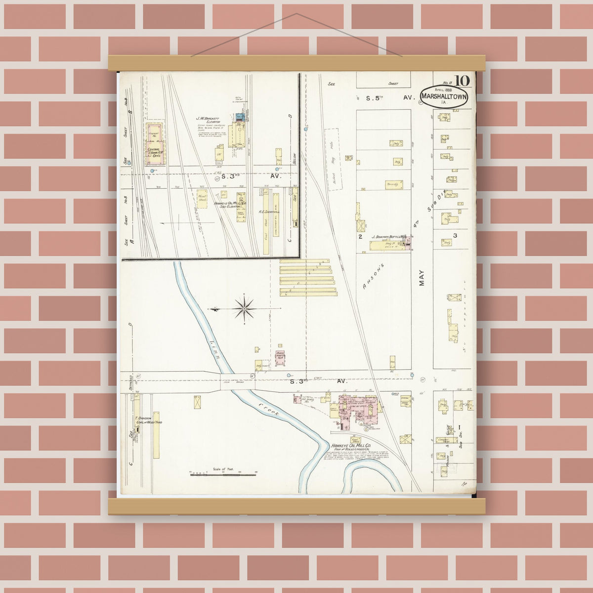 Old map wall art mockup — magnetic wood frame on brick wall — Sanborn Fire Insurance Map from Marshalltown, Marshall County, Iowa (1888), Sheet #0010