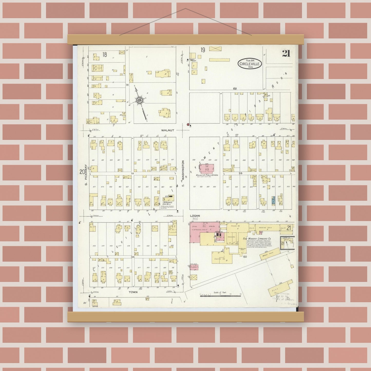 Old map wall art mockup — magnetic wood frame on brick wall — Sanborn Fire Insurance Map from Circleville, Pickaway County, Ohio (1914), Sheet #0021