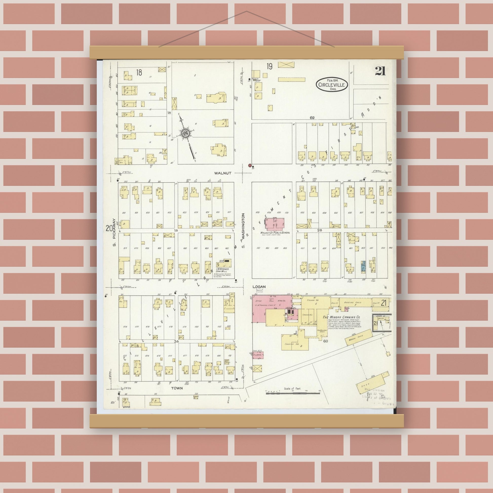Old map wall art mockup — magnetic wood frame on brick wall — Sanborn Fire Insurance Map from Circleville, Pickaway County, Ohio (1914), Sheet #0021