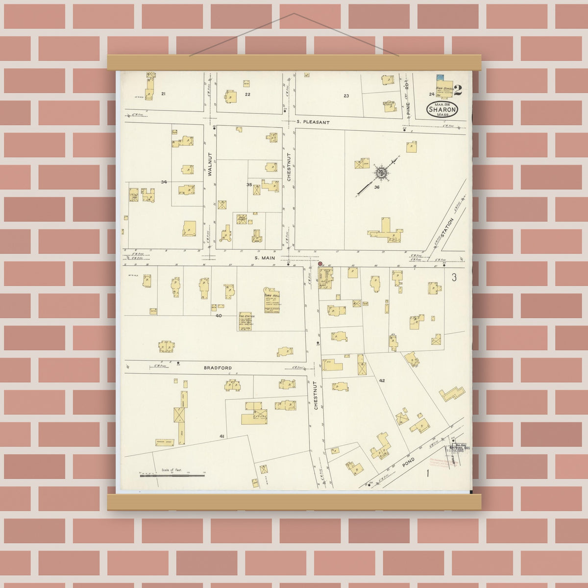 Old map wall art mockup — magnetic wood frame on brick wall — Sanborn Fire Insurance Map from Sharon, Norfolk County, Massachusetts (1916), Sheet #0002