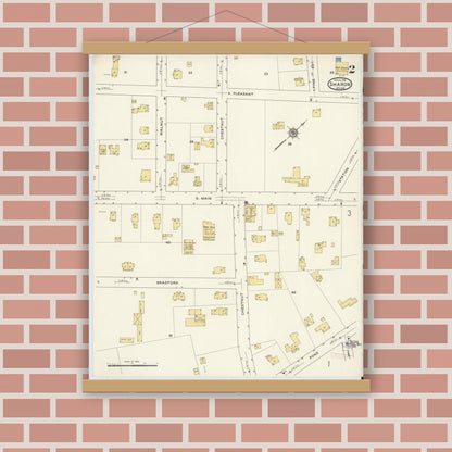 Old map wall art mockup — magnetic wood frame on brick wall — Sanborn Fire Insurance Map from Sharon, Norfolk County, Massachusetts (1916), Sheet #0002