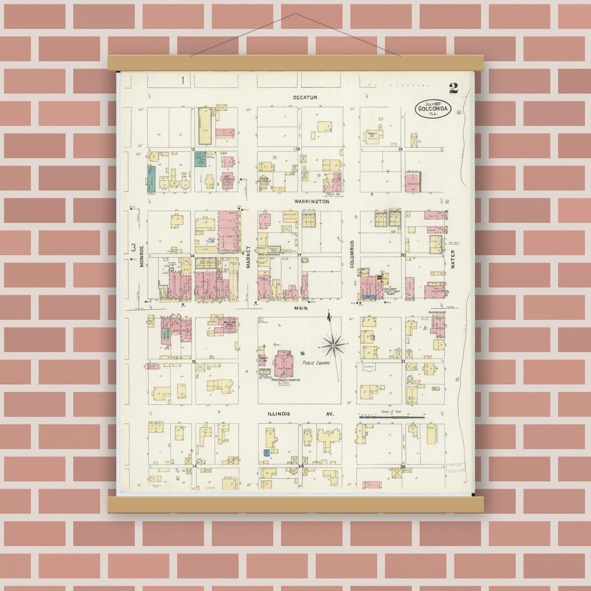 Old map wall art mockup — magnetic wood frame on brick wall — Sanborn Fire Insurance Map from Golconda, Pope County, Illinois (1907), Sheet #0002