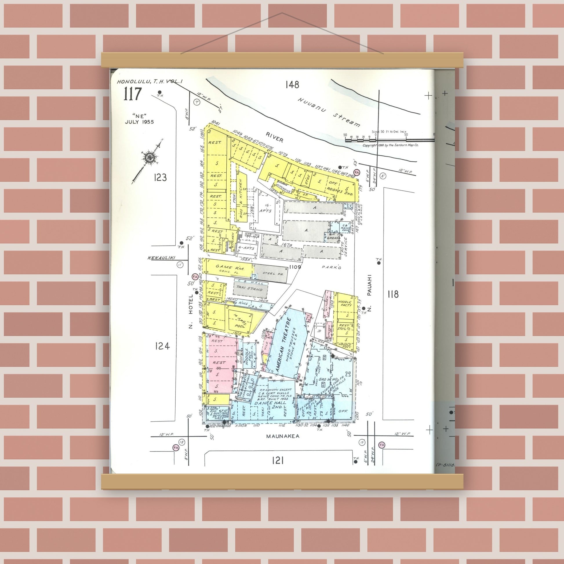 Old map wall art mockup — magnetic wood frame on brick wall — Sanborn Fire Insurance Map from Honolulu, Oahu County, Hawaii (1955), Sheet #0117