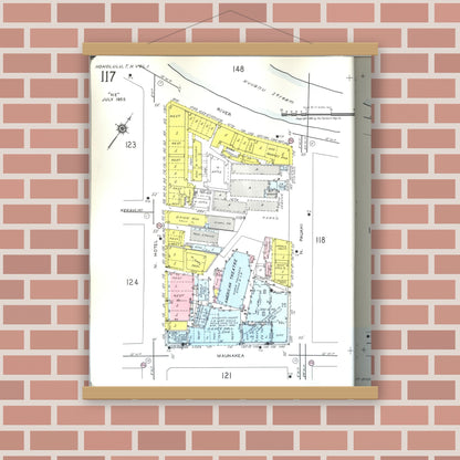 Old map wall art mockup — magnetic wood frame on brick wall — Sanborn Fire Insurance Map from Honolulu, Oahu County, Hawaii (1955), Sheet #0117