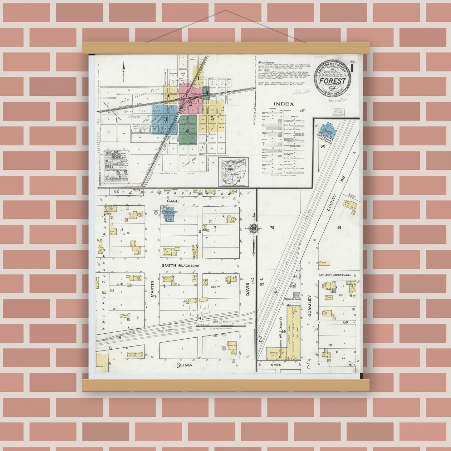 Old map wall art mockup — magnetic wood frame on brick wall — Sanborn Fire Insurance Map from Forest, Hardin County, Ohio (1921) - Complete Map Set