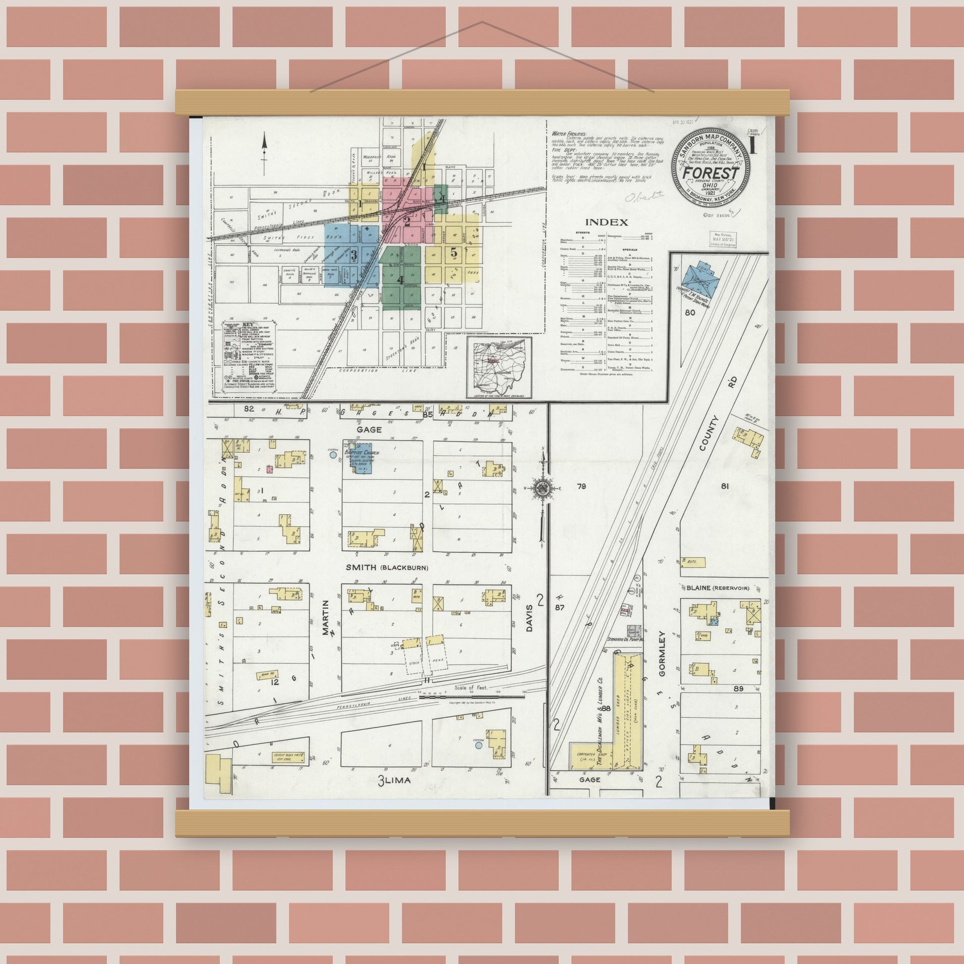 Old map wall art mockup — magnetic wood frame on brick wall — Sanborn Fire Insurance Map from Forest, Hardin County, Ohio (1921) - Complete Map Set