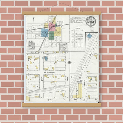 Old map wall art mockup — magnetic wood frame on brick wall — Sanborn Fire Insurance Map from Forest, Hardin County, Ohio (1921) - Complete Map Set