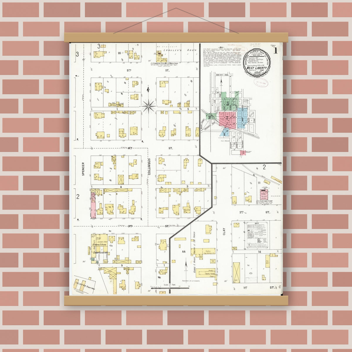 Old map wall art mockup — magnetic wood frame on brick wall — Sanborn Fire Insurance Map from West Liberty, Muscatine County, Iowa (1899) â€” Complete Set