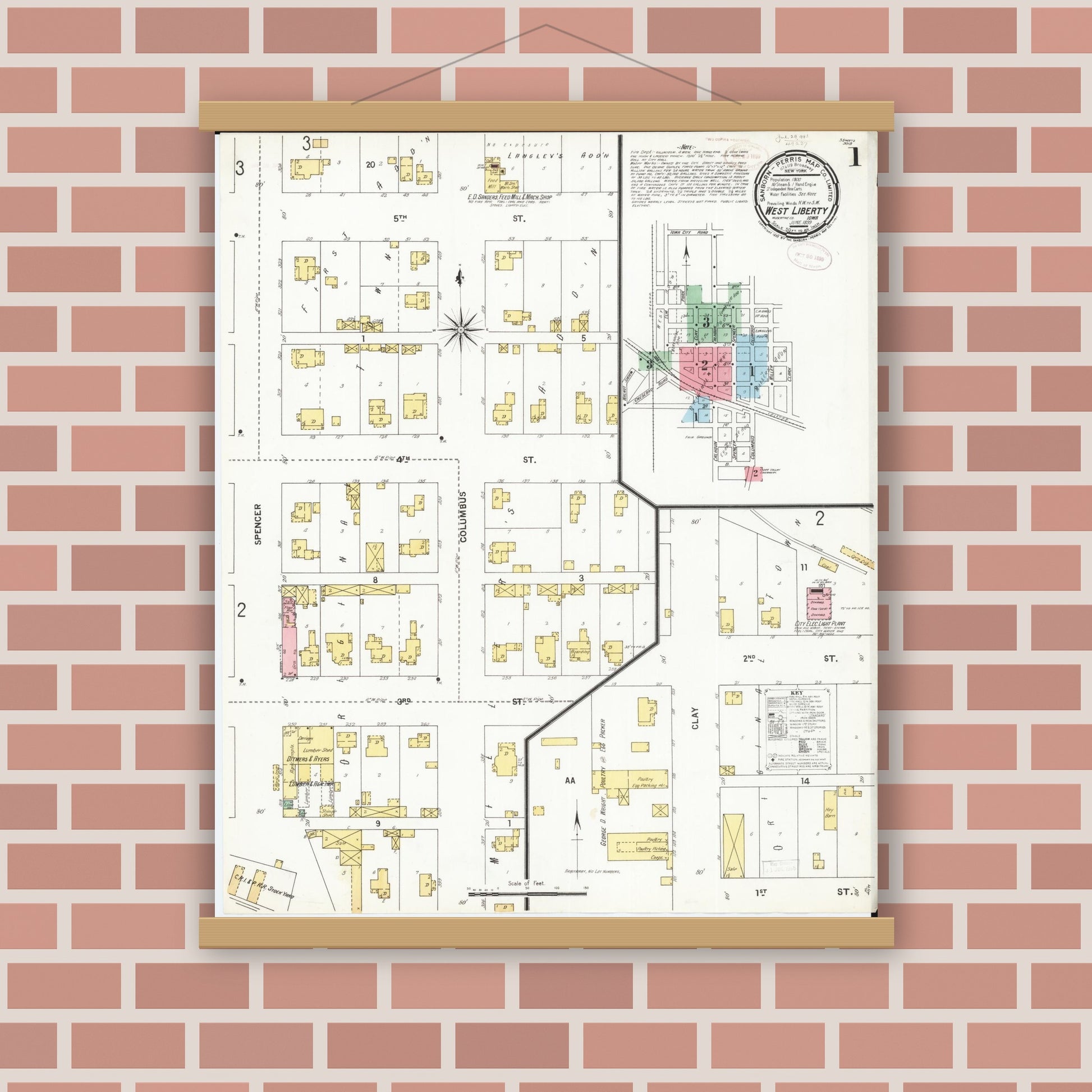 Old map wall art mockup — magnetic wood frame on brick wall — Sanborn Fire Insurance Map from West Liberty, Muscatine County, Iowa (1899) â€” Complete Set