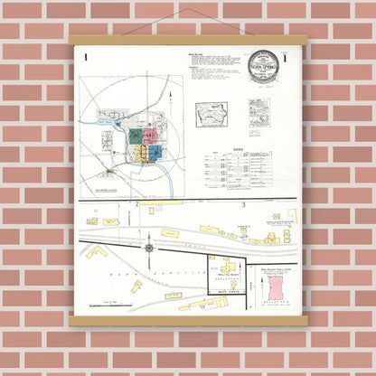 Old map wall art mockup — magnetic wood frame on brick wall — Sanborn Fire Insurance Map from Nora Springs, Floyd County, Iowa (1923) â€” Complete Set