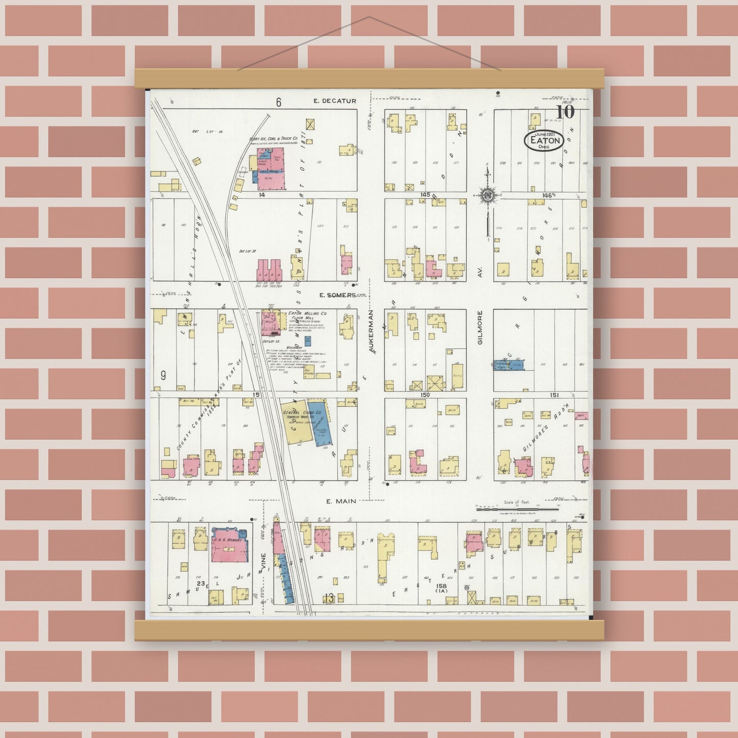 Old map wall art mockup — magnetic wood frame on brick wall — Sanborn Fire Insurance Map from Eaton, Preble County, Ohio (1921), Sheet #0010