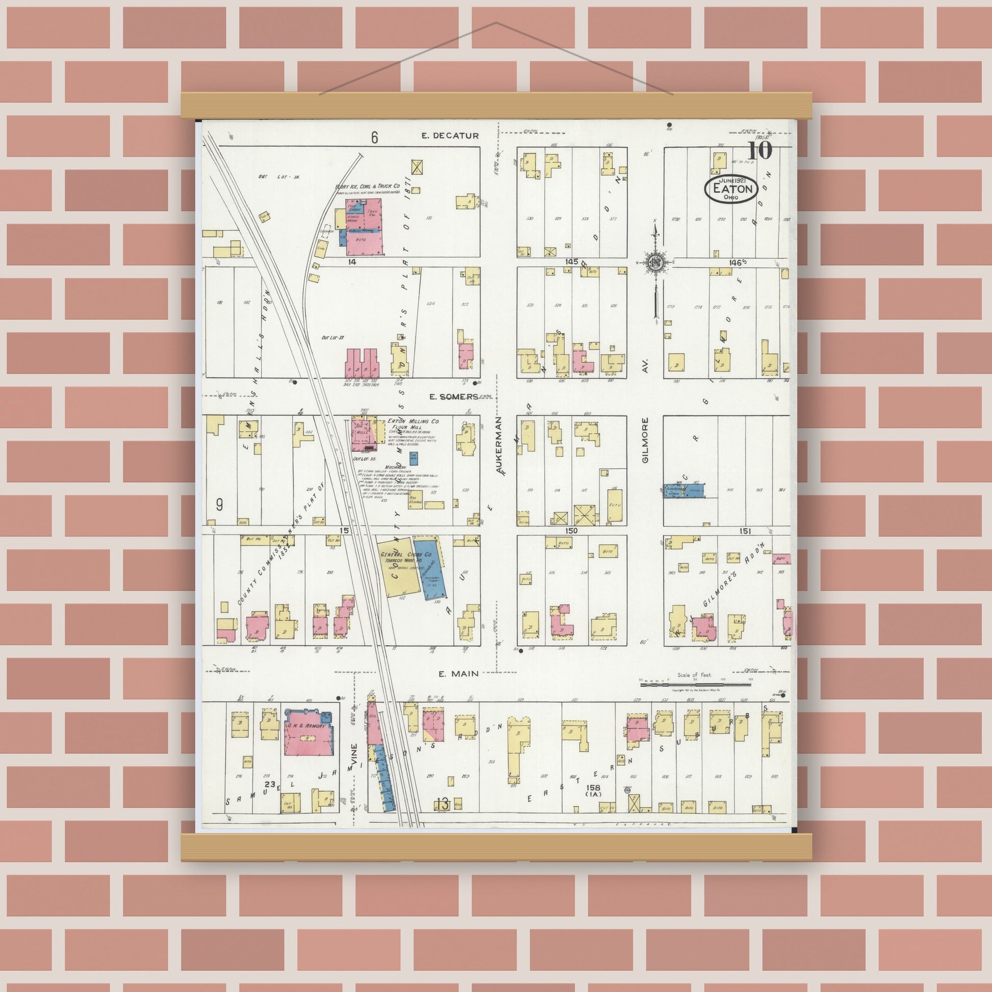 Old map wall art mockup — magnetic wood frame on brick wall — Sanborn Fire Insurance Map from Eaton, Preble County, Ohio (1921), Sheet #0010